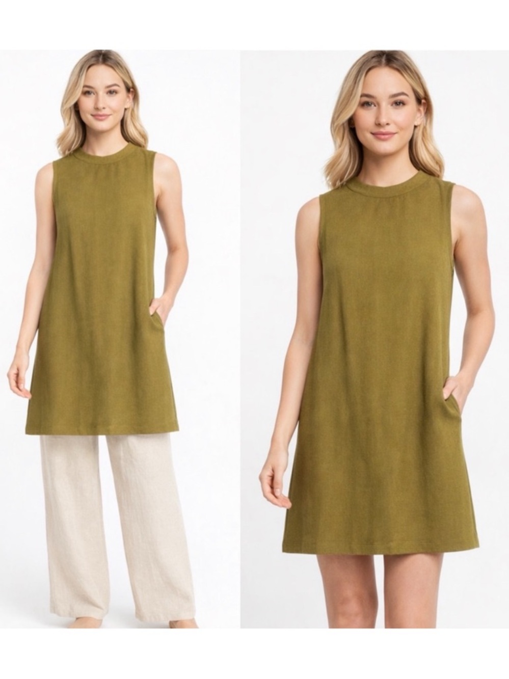 Flax Sleeveless Tunic Top | Mini Dress | 100% Linen | Olive Army Green + Pockets